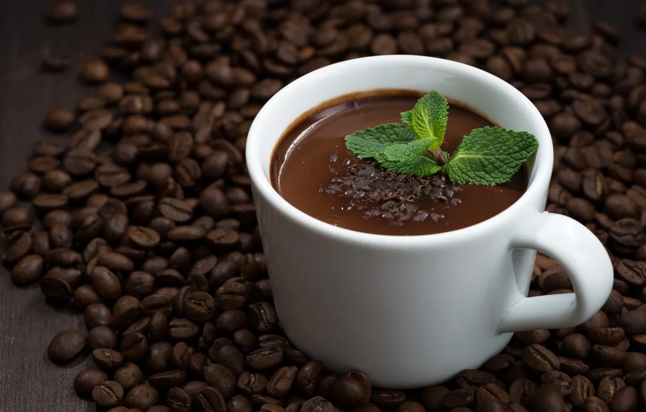 Photo wallpaper white, leaves, coffee, grain, Cup, drink, bokeh