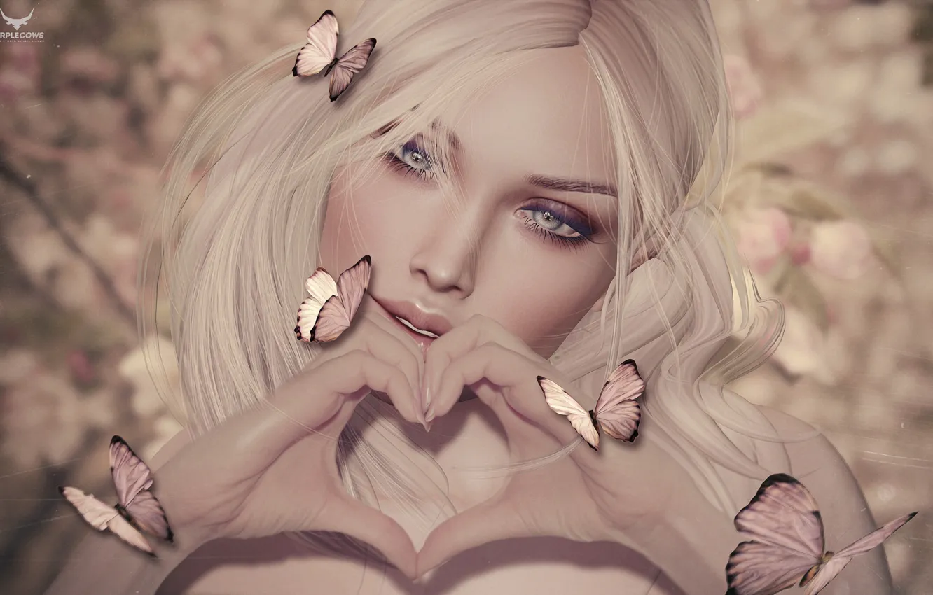 Photo wallpaper girl, butterfly, heart, blonde