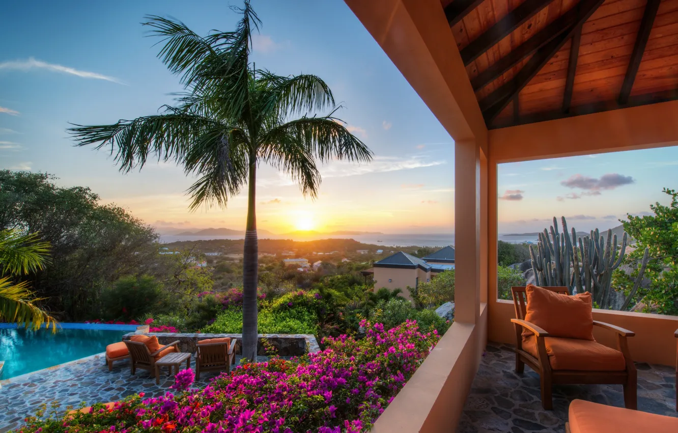 Photo wallpaper sunset, flowers, Palma, chair, pool, cactus, terrace, British Virgin Islands