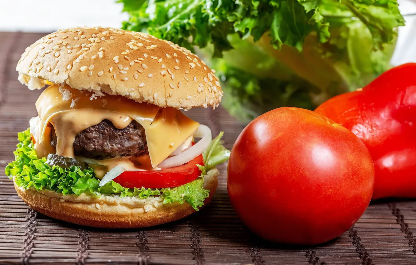 Photo wallpaper greens, sauce, Patty, buns, Burger