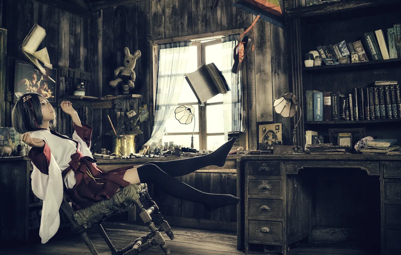 Photo wallpaper girl, room, magic, the situation, book, Asian