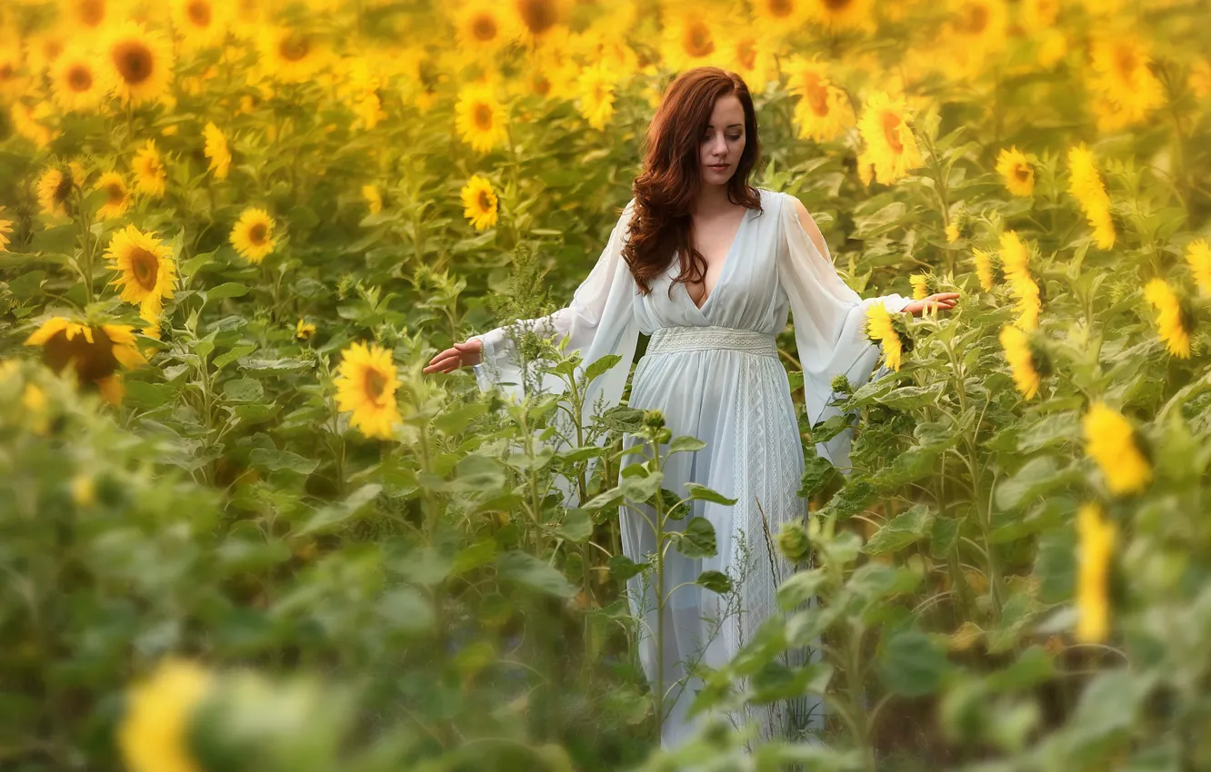Photo wallpaper summer, girl, sunflowers