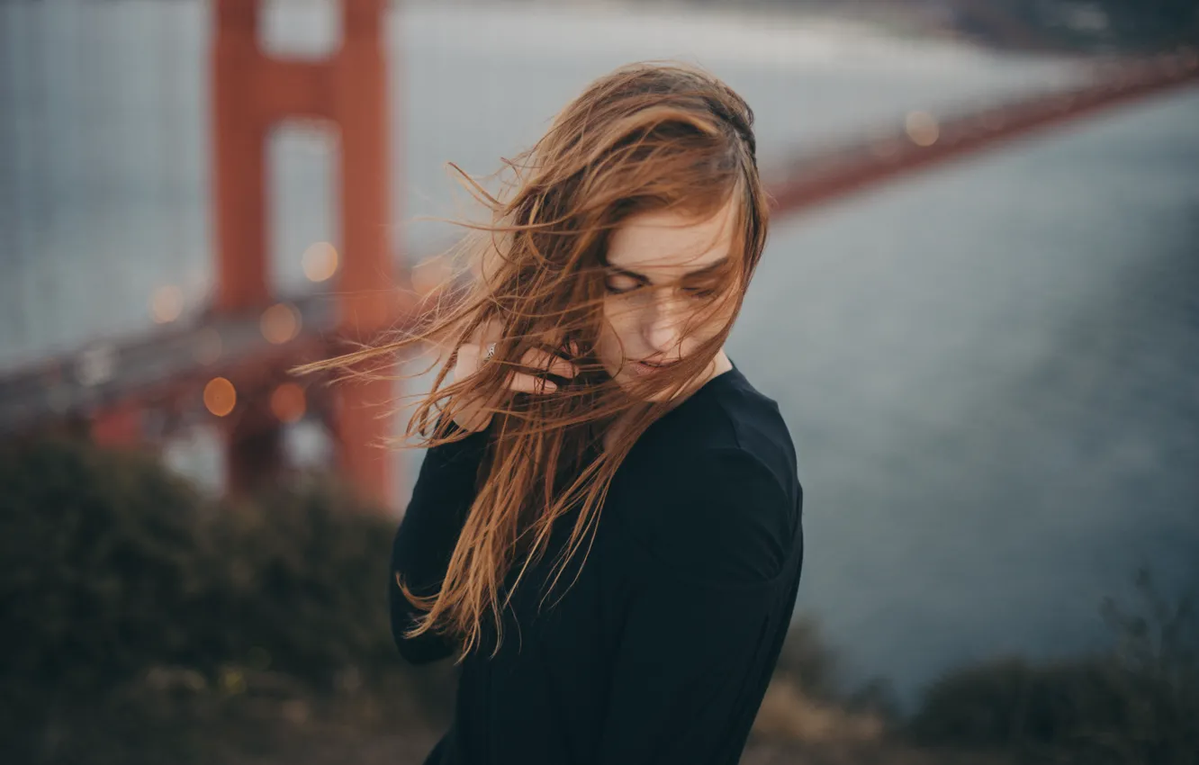 Photo wallpaper girl, bridge, the wind, red