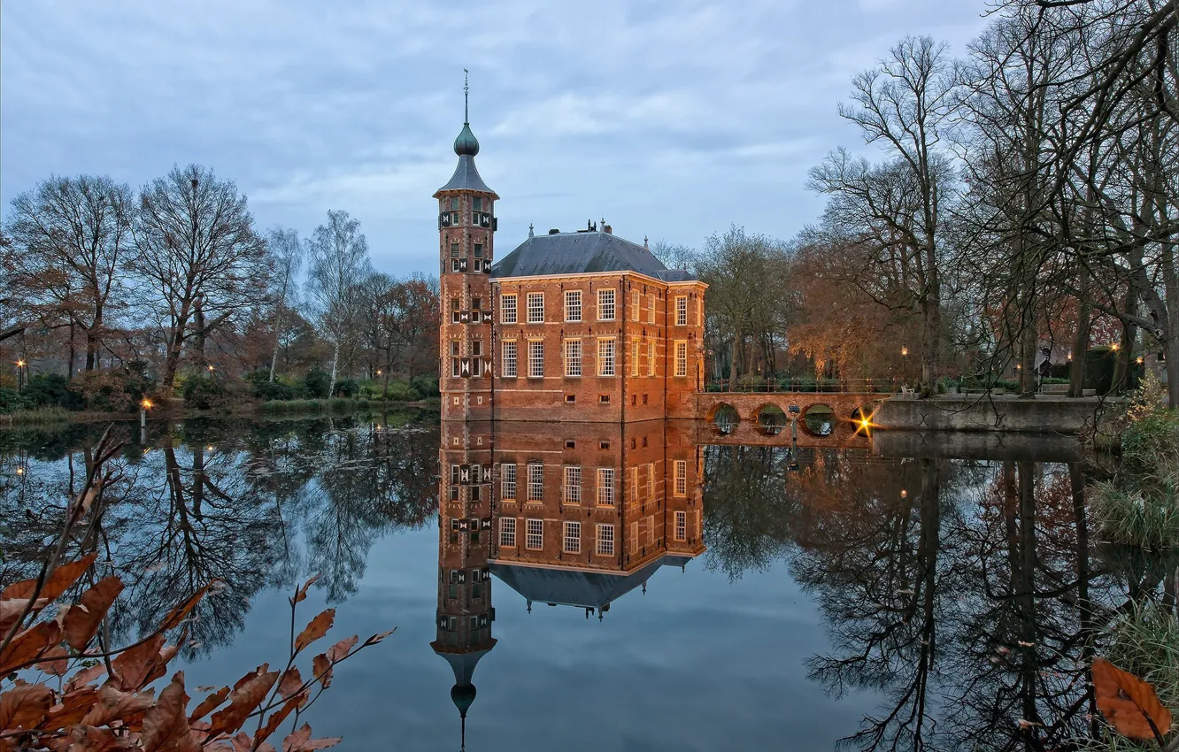 Photo wallpaper pond, reflection, castle, garden, Netherlands, Holland, Brabant, Bouvigne Castle
