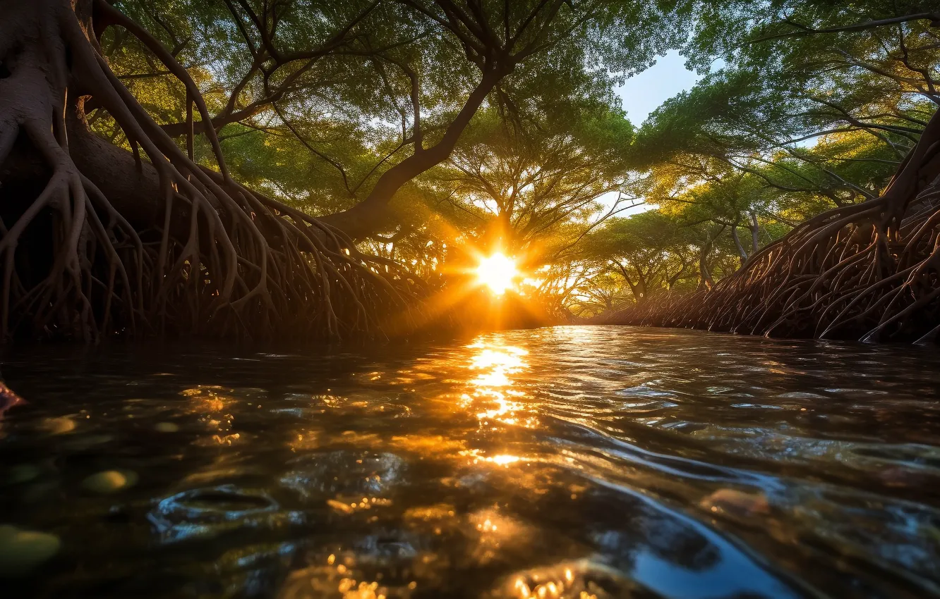 Photo wallpaper water, the sun, rays, light, trees, branches, roots, lake