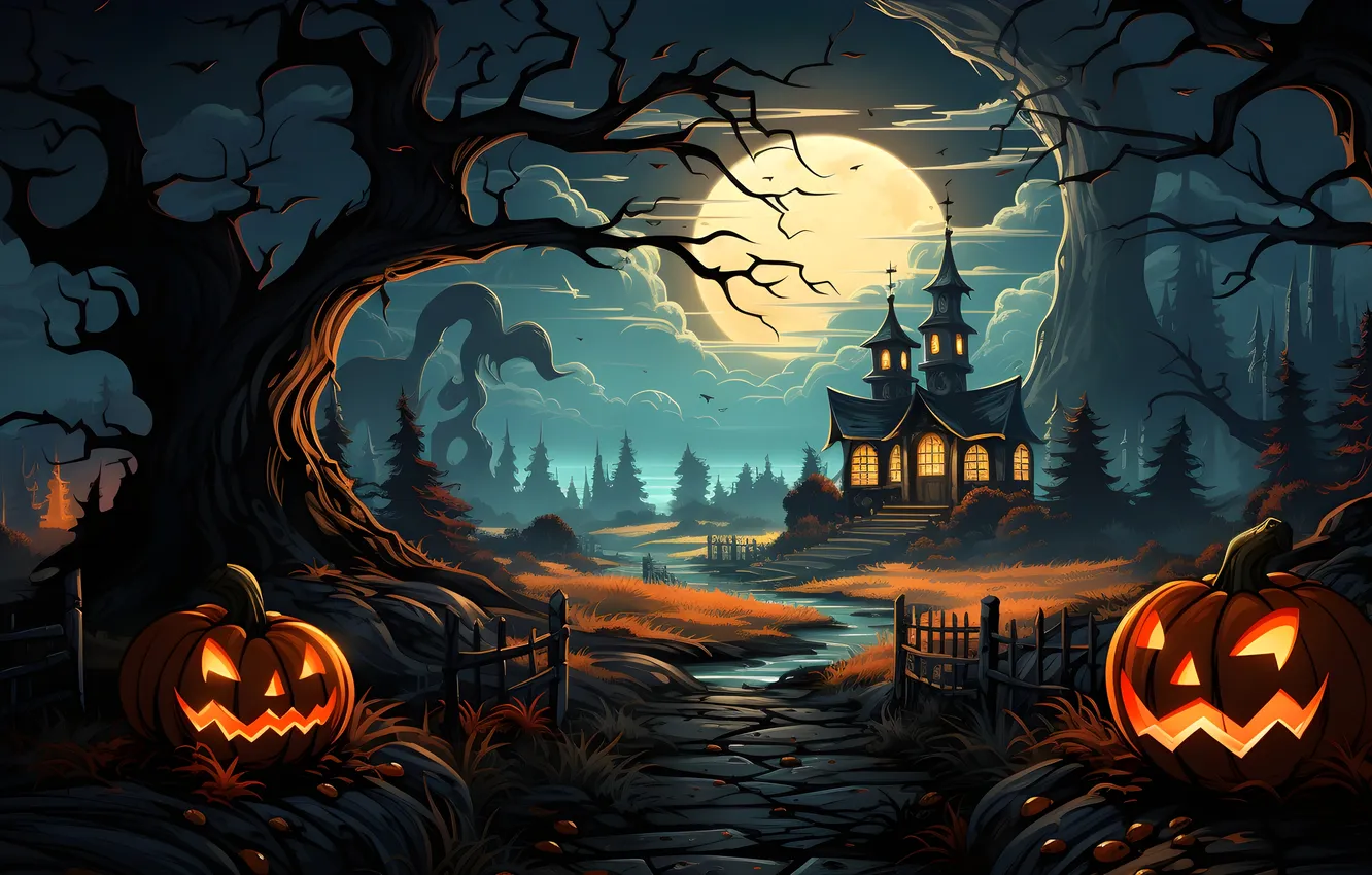 Photo wallpaper road, trees, night, clouds, lights, the moon, the fence, home