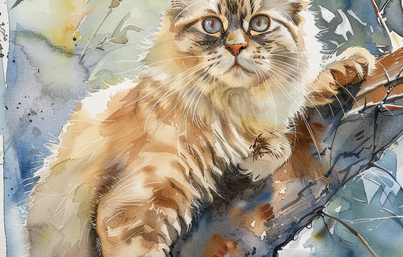 Photo wallpaper Tree, Look, Cat, Mustache, Branch, Cat, Face, Art