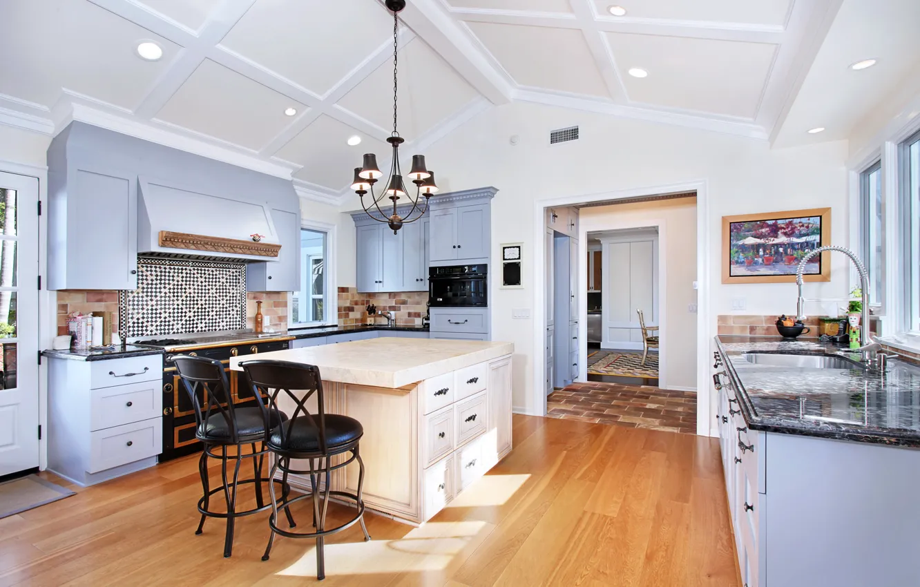 Photo wallpaper white, design, table, furniture, kitchen, chandelier, headsets