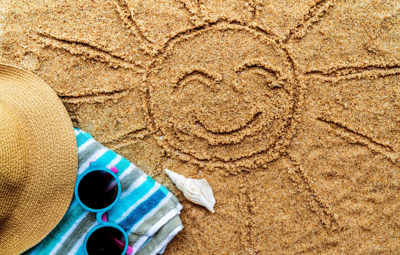 Photo wallpaper sand, sea, beach, summer, the sun, stay, towel, hat