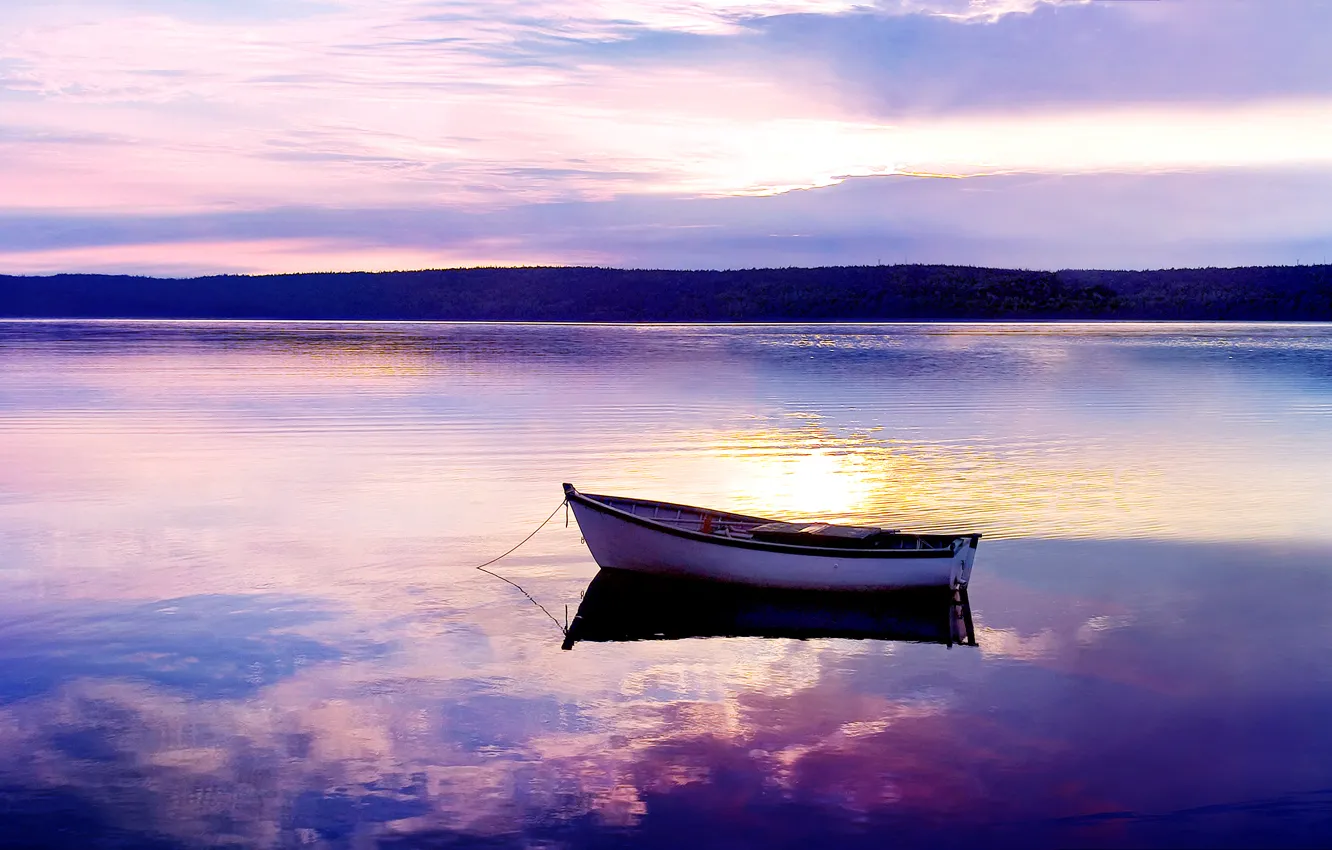 Photo wallpaper sunset, lake, surface, boat, the evening