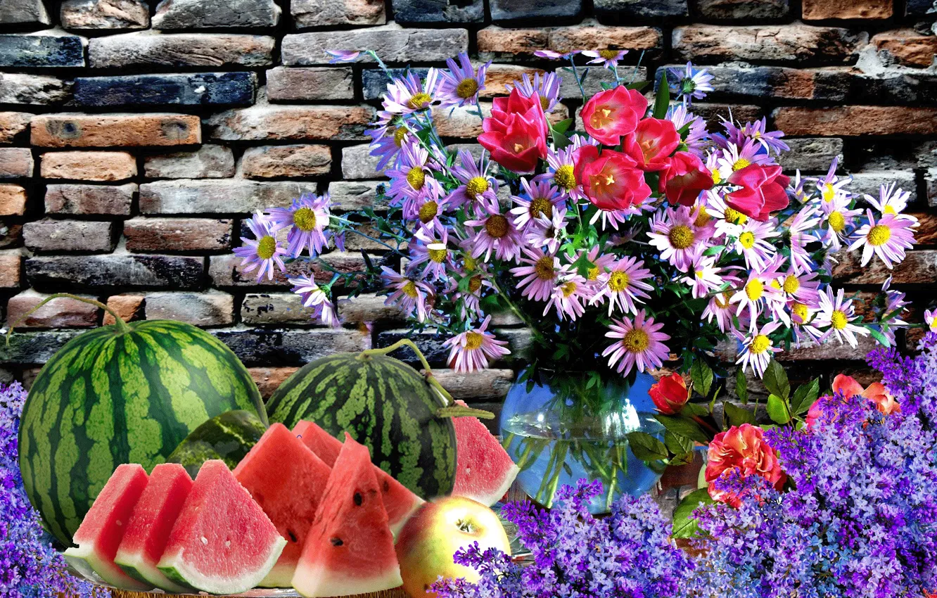 Photo wallpaper flowers, watermelon, fruit, Still life