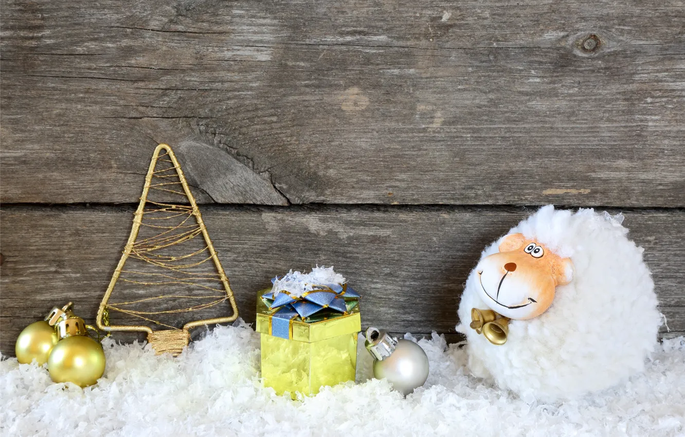Photo wallpaper snow, holiday, toys, New Year, goat, wood, New Year, holiday