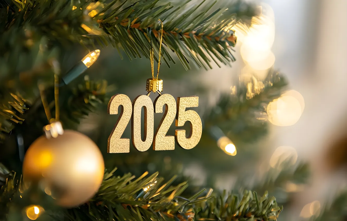 Photo wallpaper balls, branches, tree, new year, 2025