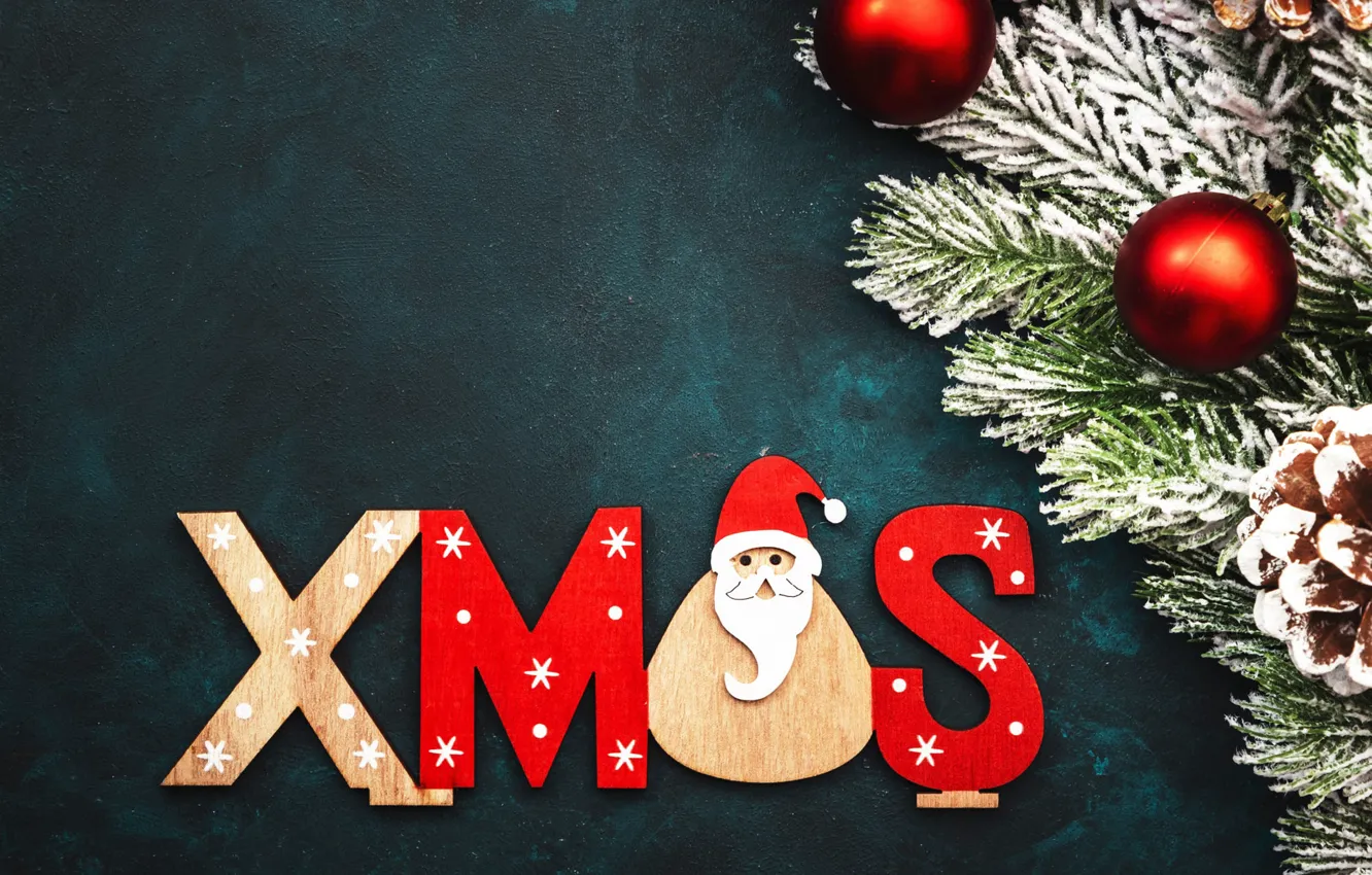 Photo wallpaper frost, balls, snow, branches, red, letters, the dark background, the inscription