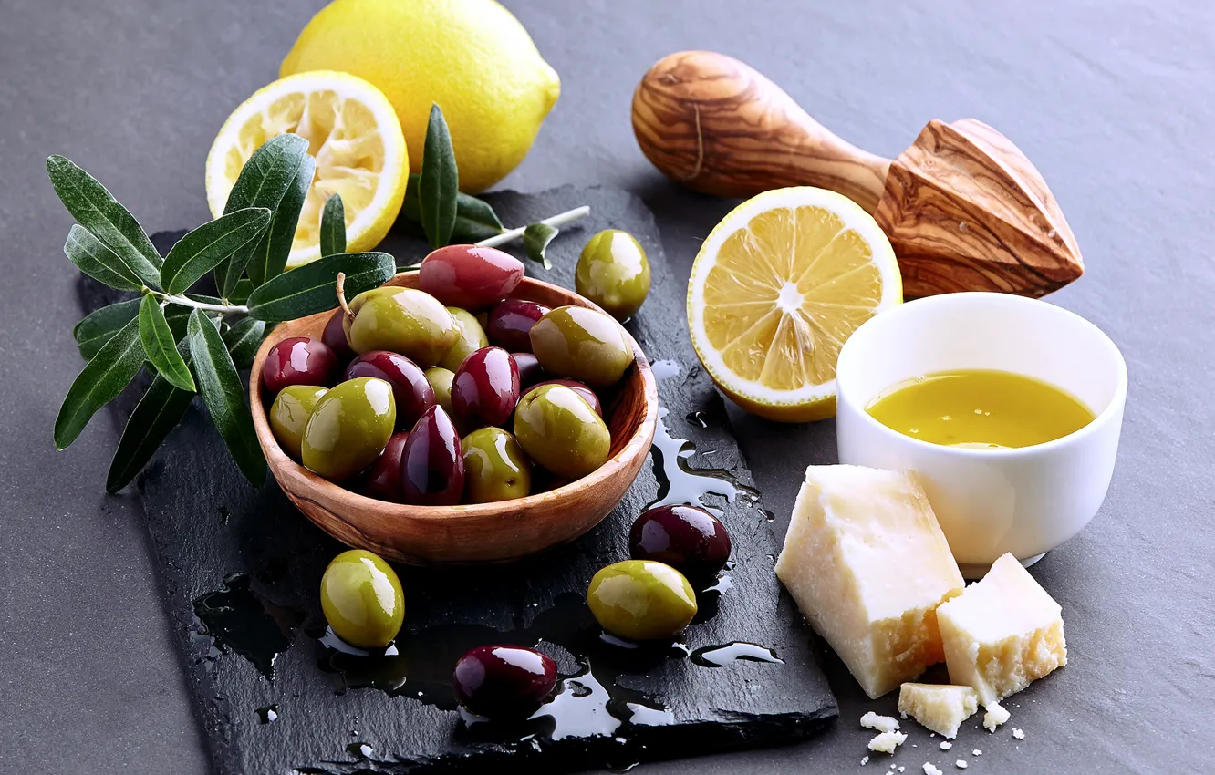 Photo wallpaper lemon, cheese, olives