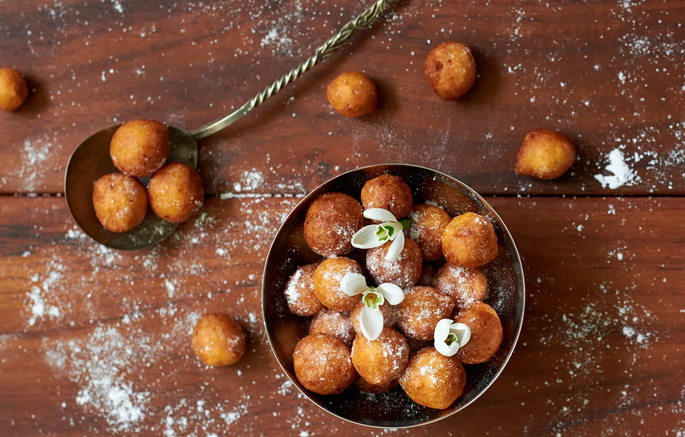 Photo wallpaper flowers, food, sugar, donuts, cakes, sweet, powder