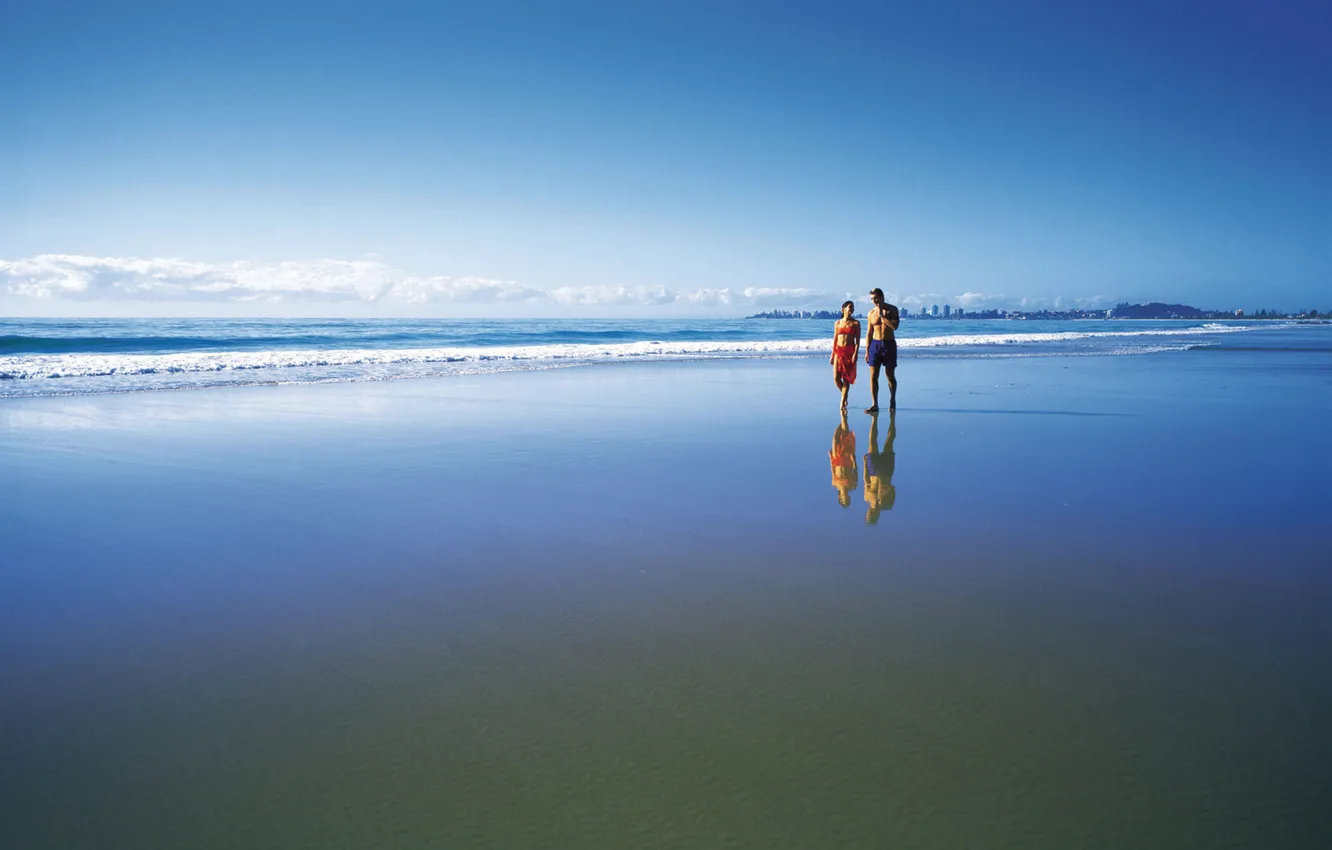 Photo wallpaper sand, beach, the ocean, walk couple