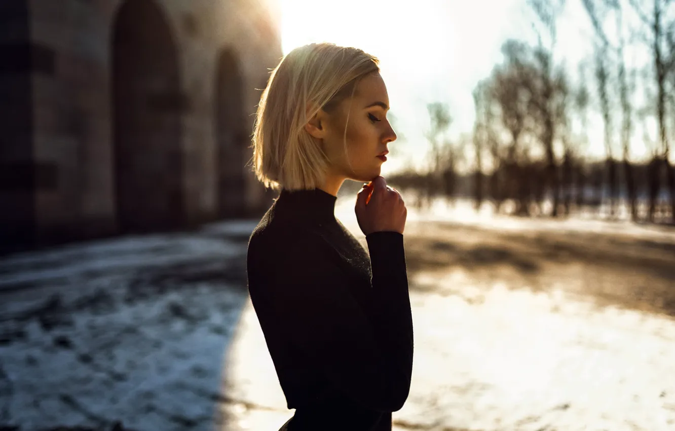 Photo wallpaper blonde, beauty, Sunny day, short hair, beauty, sunny day, blurred background, blonde, closed eyes, short …