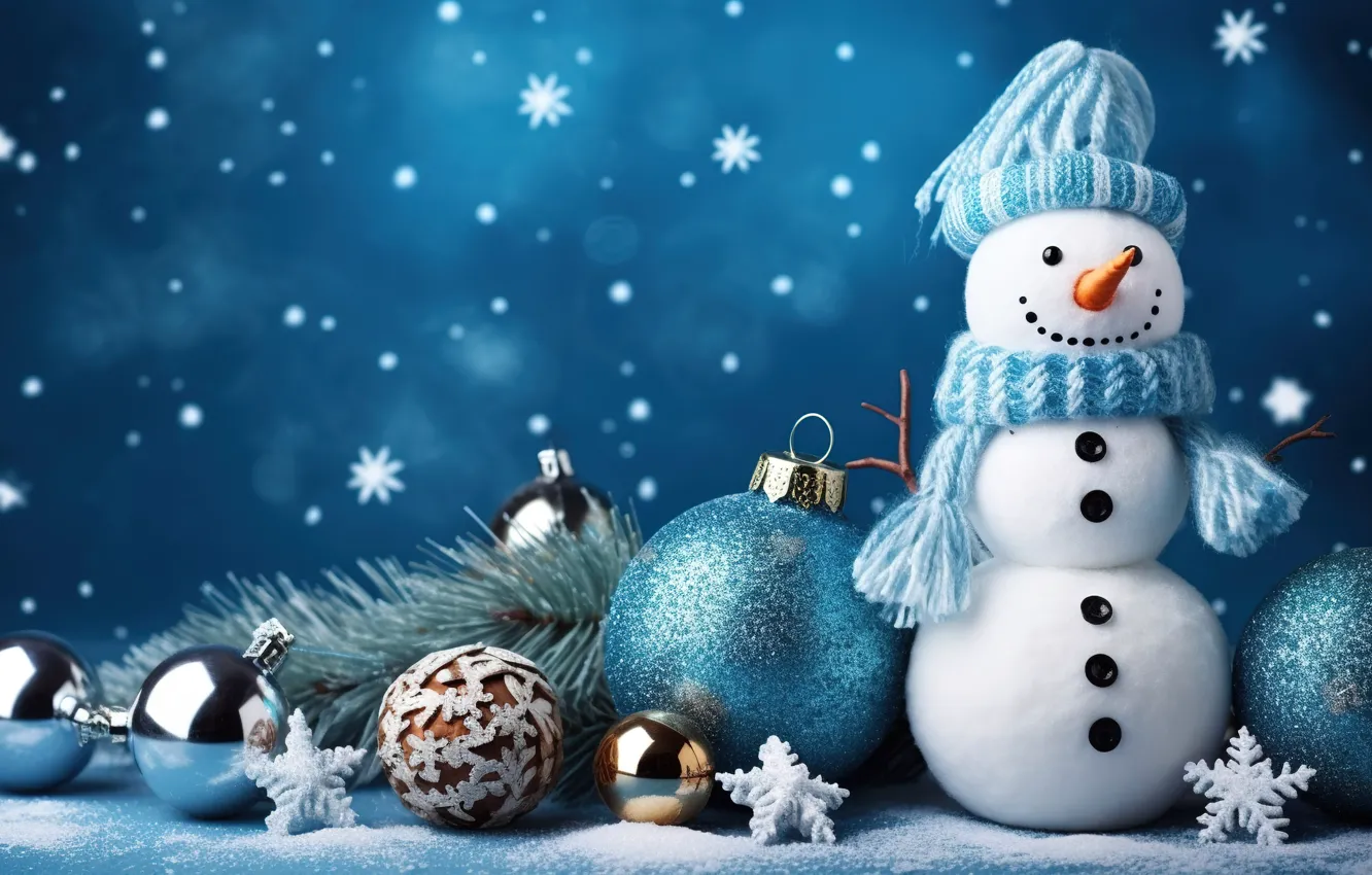 Photo wallpaper decoration, balls, new year, Christmas, snowman, Christmas, balls, blue