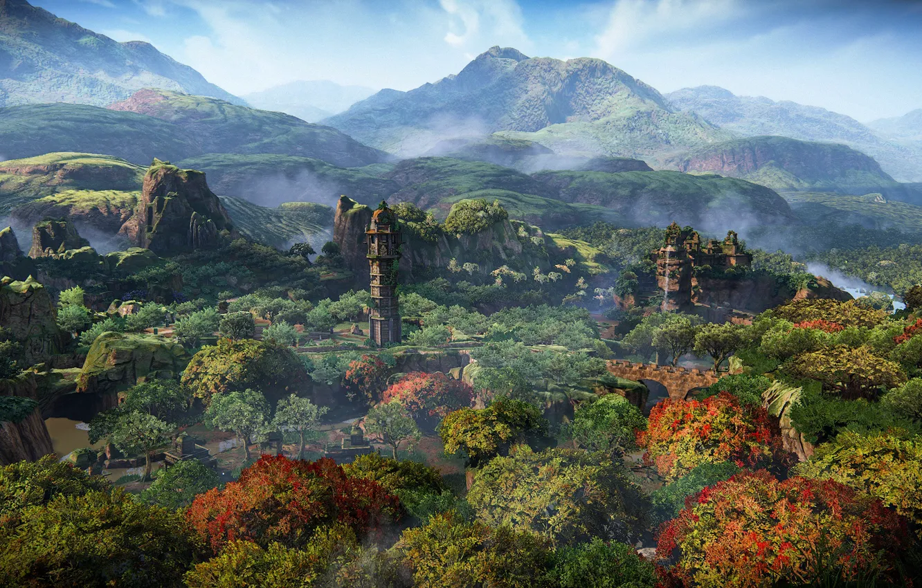 Photo wallpaper forest, landscape, mountains, the city, structure, Uncharted: The Lost Legacy