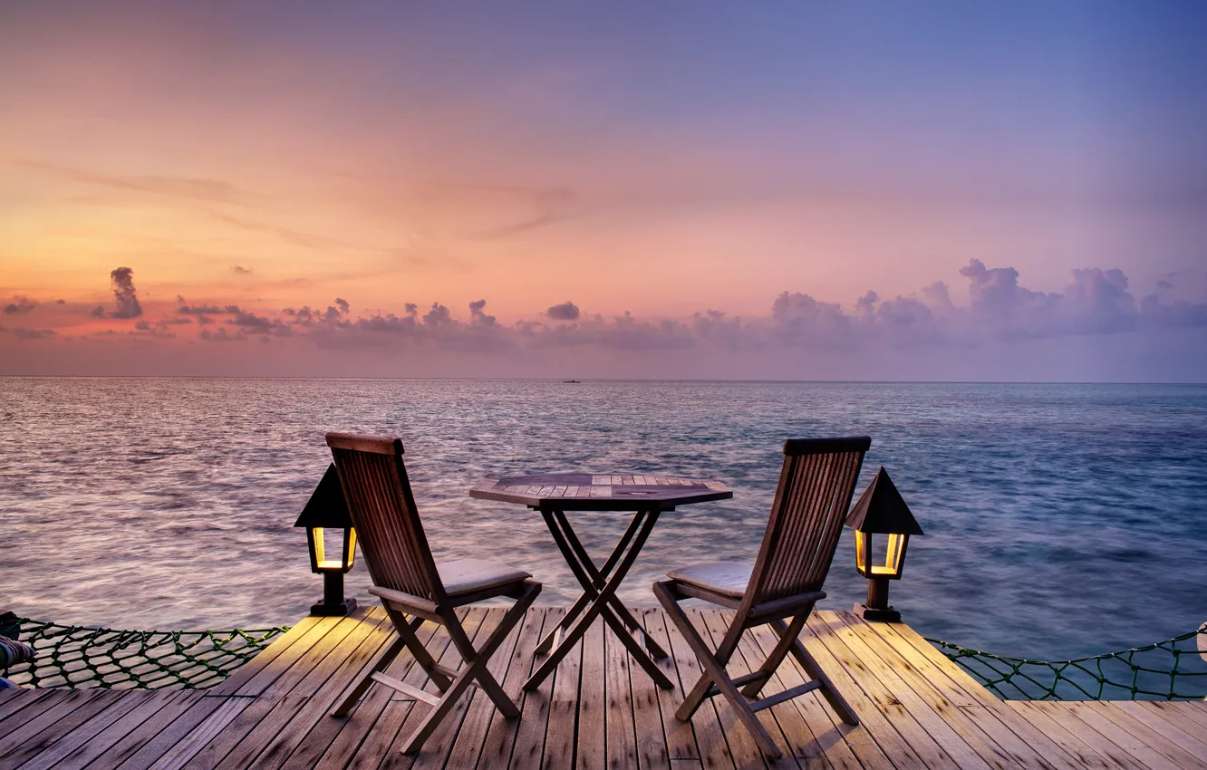 Photo wallpaper the ocean, romance, view, chairs, the evening, table