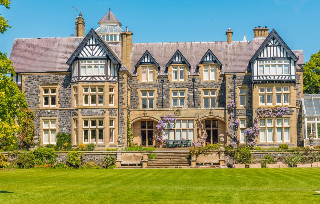 Photo wallpaper greens, the sky, grass, the sun, trees, design, lawn, home