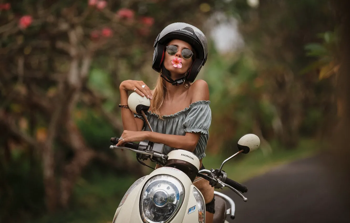Photo wallpaper girl, flowers, pose, glasses, helmet, scooter, bokeh, scooter