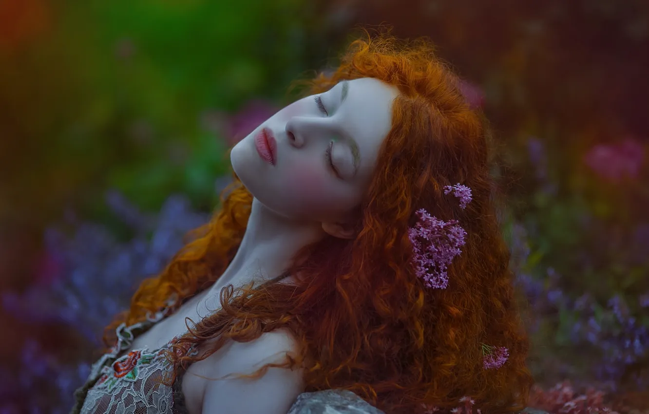 Photo wallpaper girl, flowers, nature, red, curls, lilac, Agnieszka Lorek