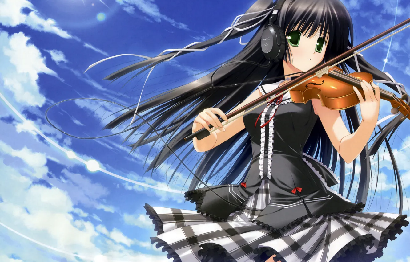 Photo wallpaper the sky, look, girl, violin, anime, headphones, form