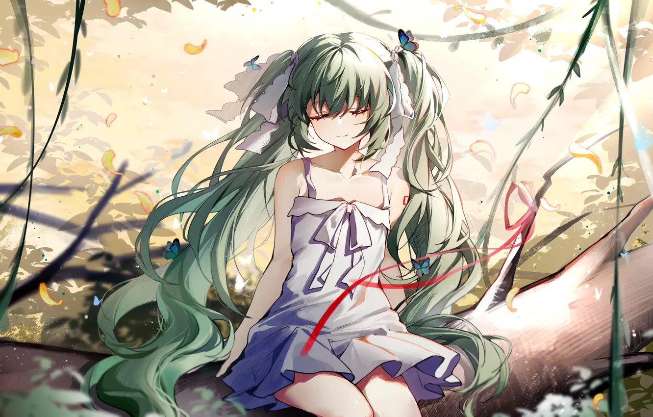 Photo wallpaper girl, vocaloid, hatsune miku, long hair, dress, nature, anime, beautiful