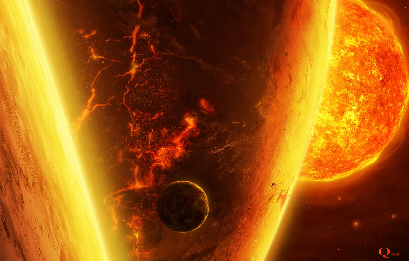 Photo wallpaper the sun, space, cracked, fire, star, planet, satellite, art
