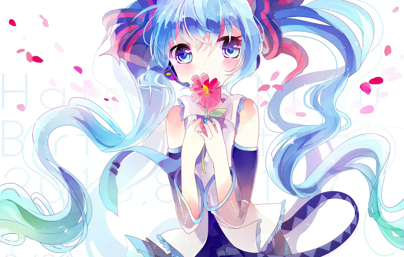 Photo wallpaper girl, flowers, petals, headphones, art, microphone, form, vocaloid