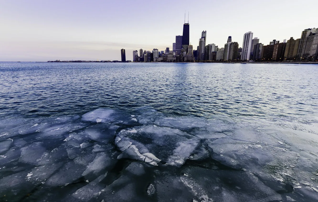 Photo wallpaper winter, the city, river, ice, skyscrapers, Chicago, Illinois