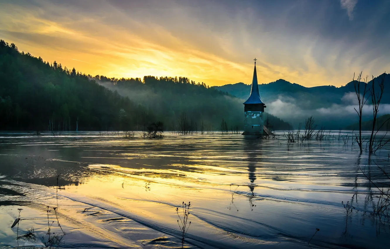 Photo wallpaper lake, Romania, church, sludge, Twin, Flooded