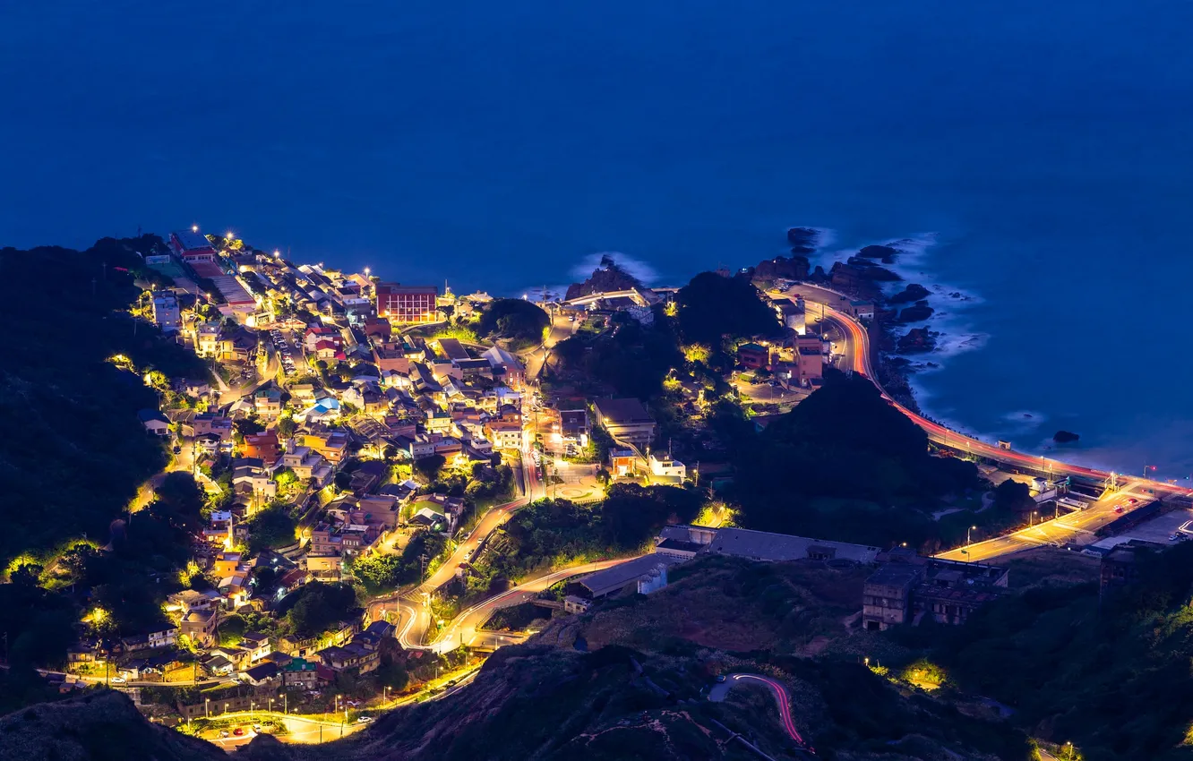 Photo wallpaper road, sea, night, the city, lights, home