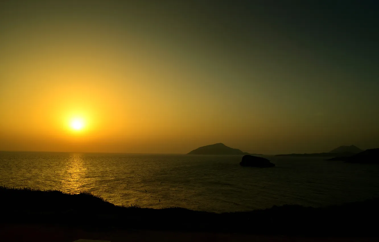 Photo wallpaper the sky, the sun, sunset, rocks, Greece, The Aegean sea
