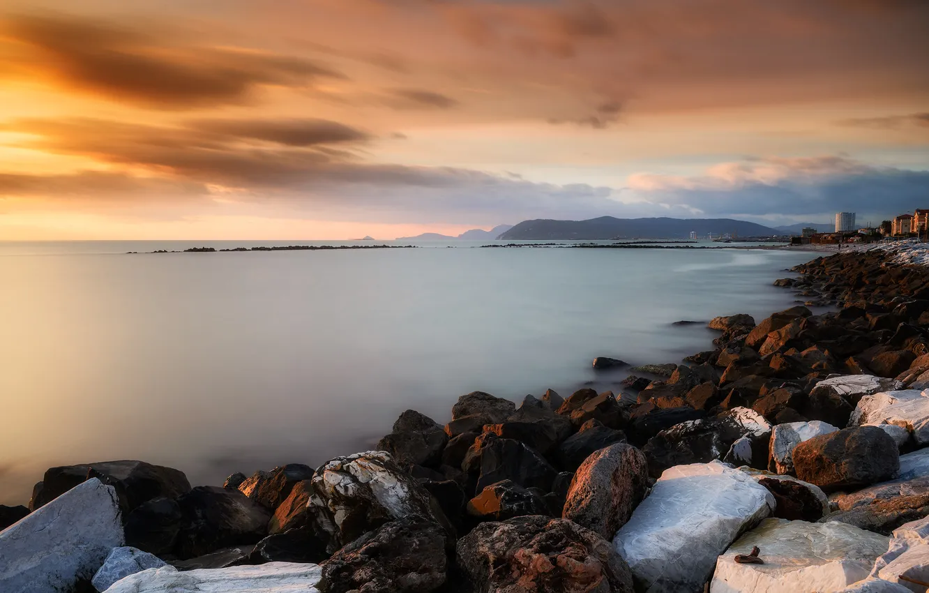 Photo wallpaper rock, sea, Italy, sunset, marina di massa