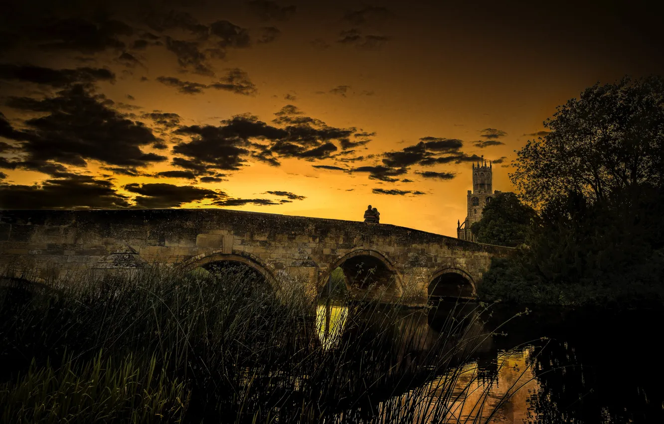 Photo wallpaper clouds, trees, sunset, bridge, reflection, river, woman, tower