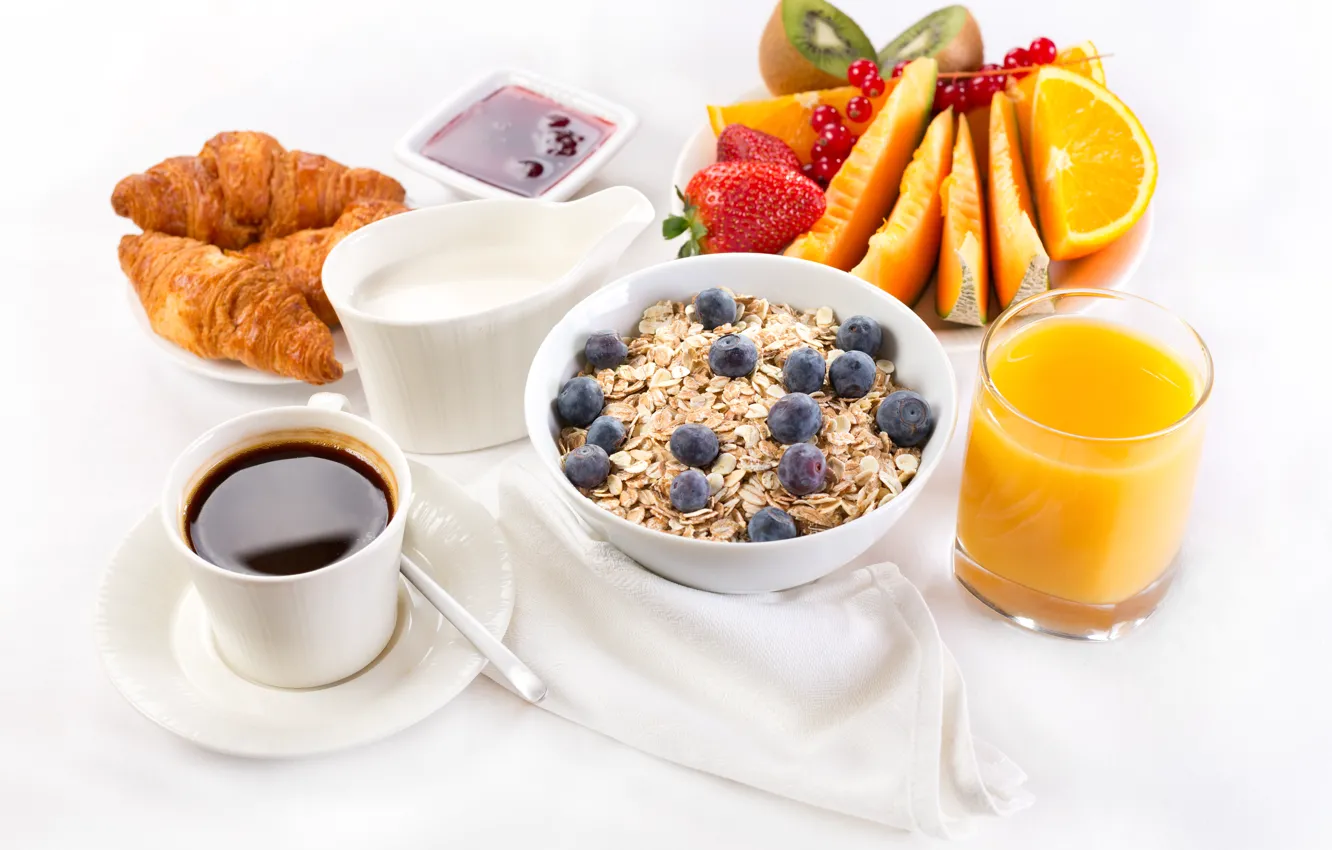 Photo wallpaper coffee, Breakfast, cream, juice, fruit, jam, croissants, breakfast
