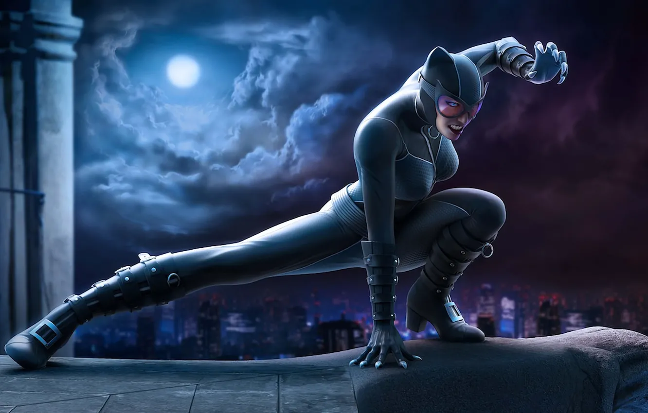 Photo wallpaper cat, night, the city, the moon, costume, latex, superhero, Catwoman