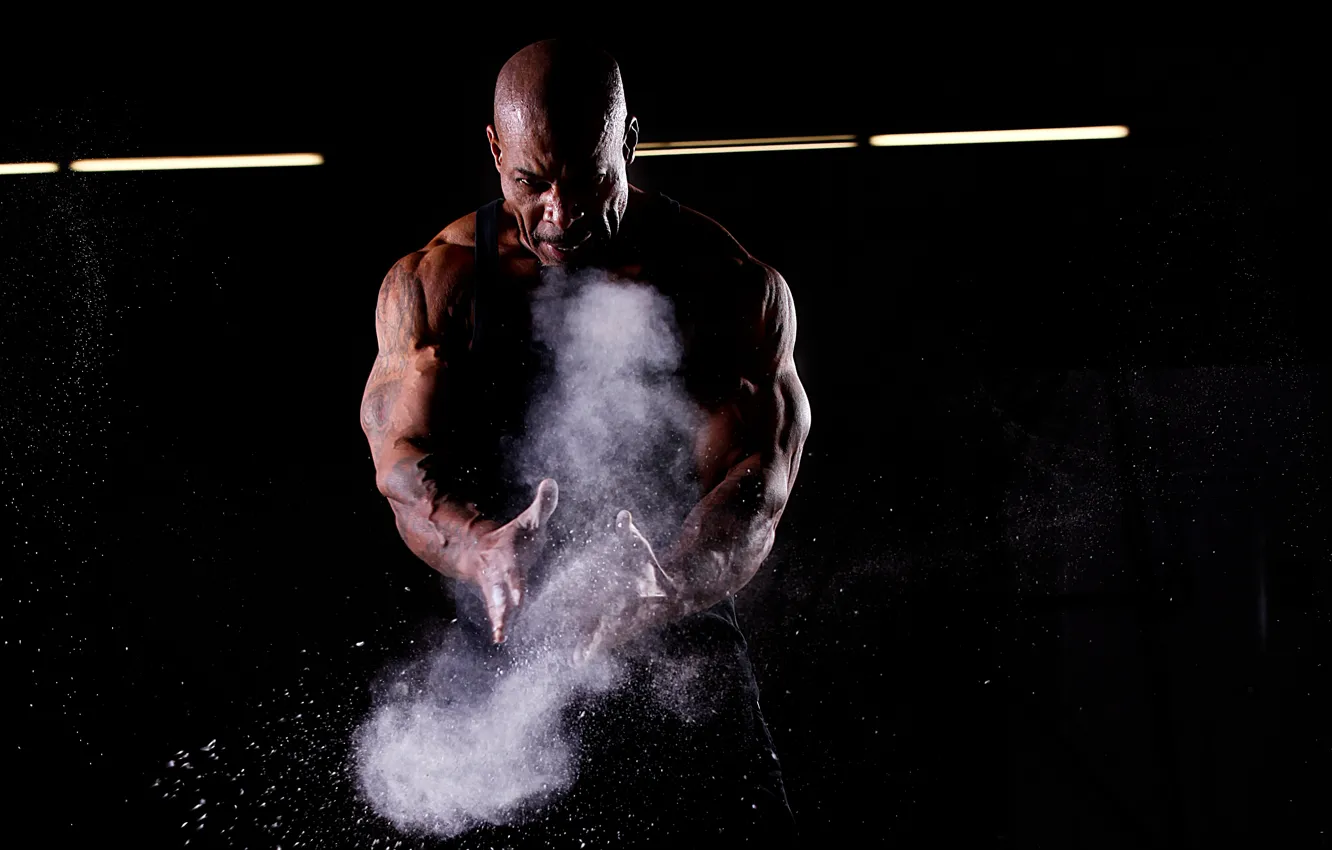 Photo wallpaper squirt, dust, tattoo, tattoo, black background, muscle, muscle, tattoo