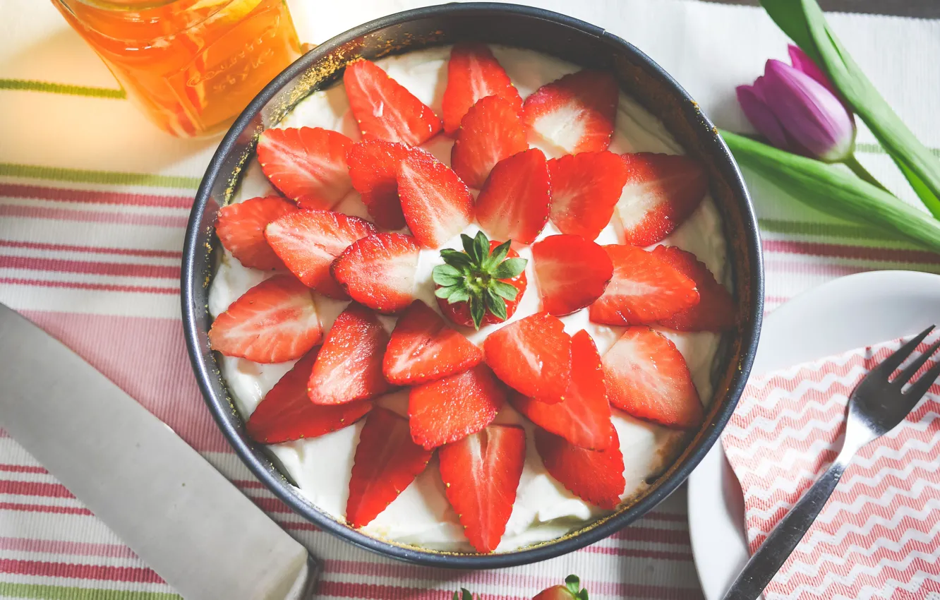 Photo wallpaper strawberry, cake, cake, cream, dessert, cakes, sweet, strawberry
