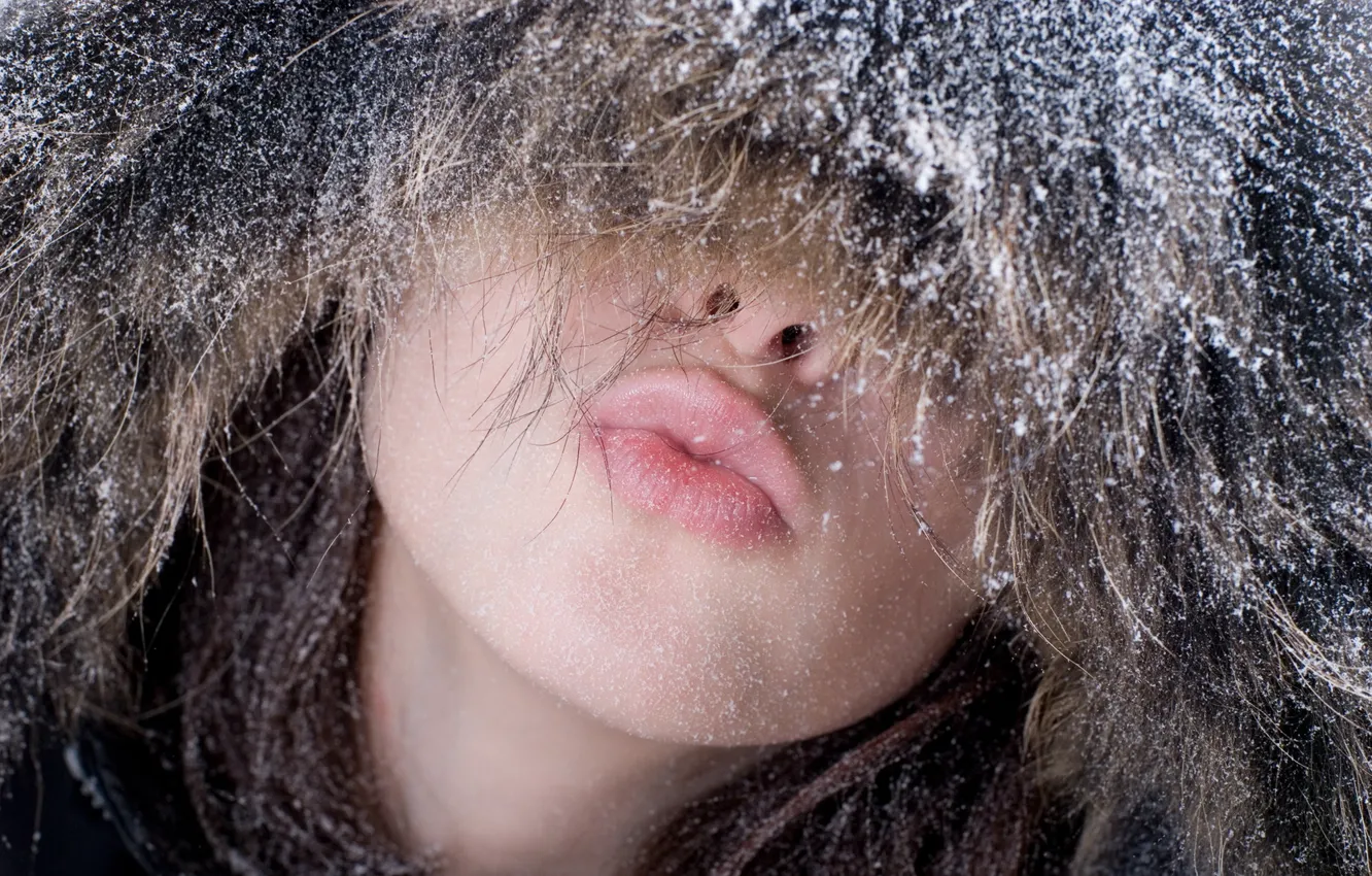 Photo wallpaper winter, girl, snow, mood, hat, kiss, lips