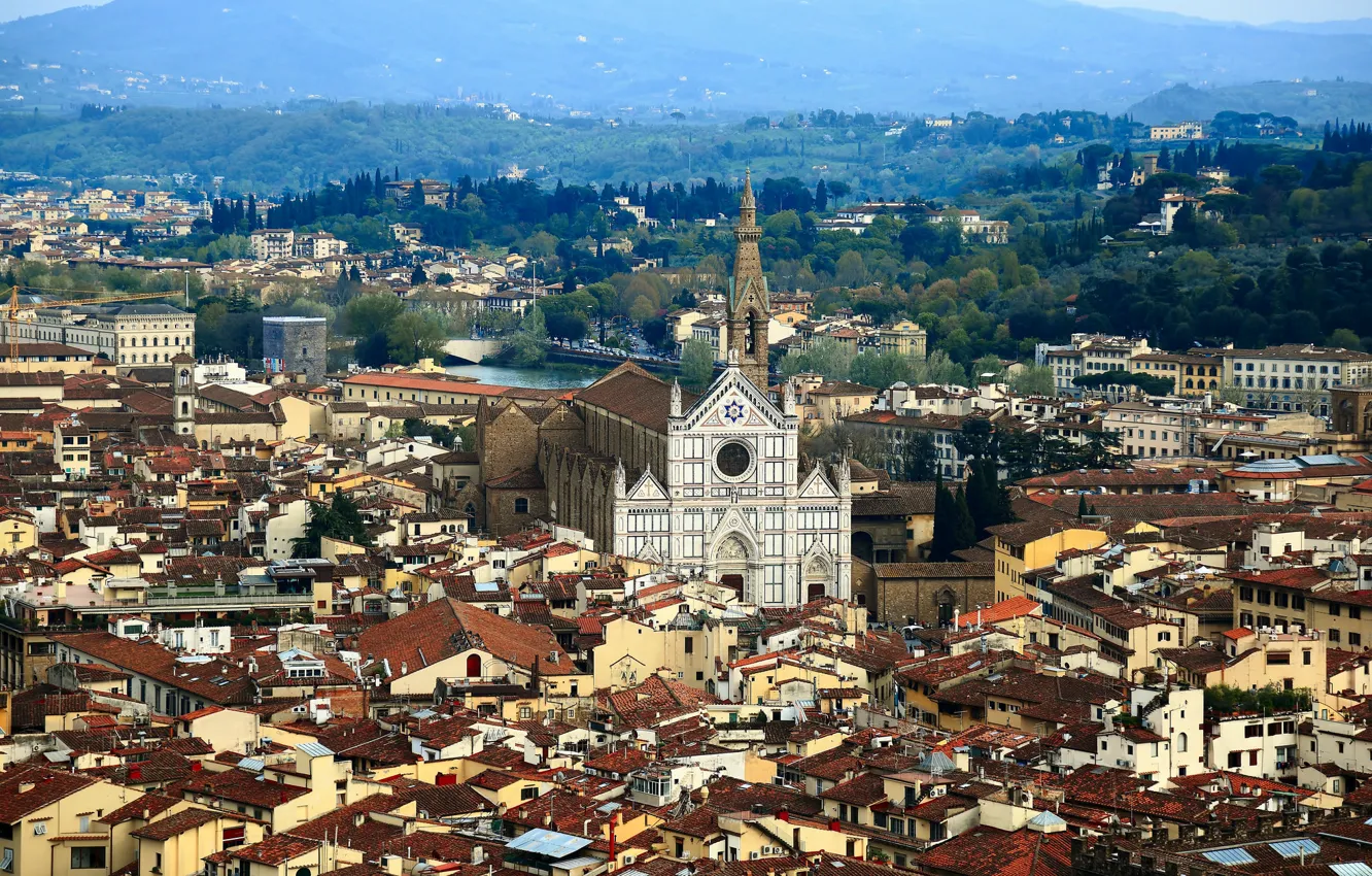 Photo wallpaper trees, mountains, home, Italy, Florence, the Arno river, Basilica of Santa Croce