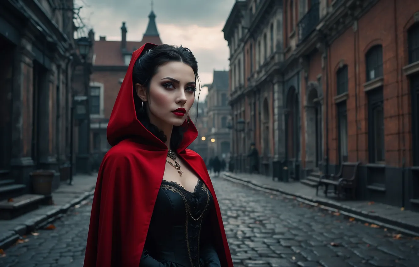 Photo wallpaper hood, red coat, in black, AI art, road, red lipstick, the city, brunette