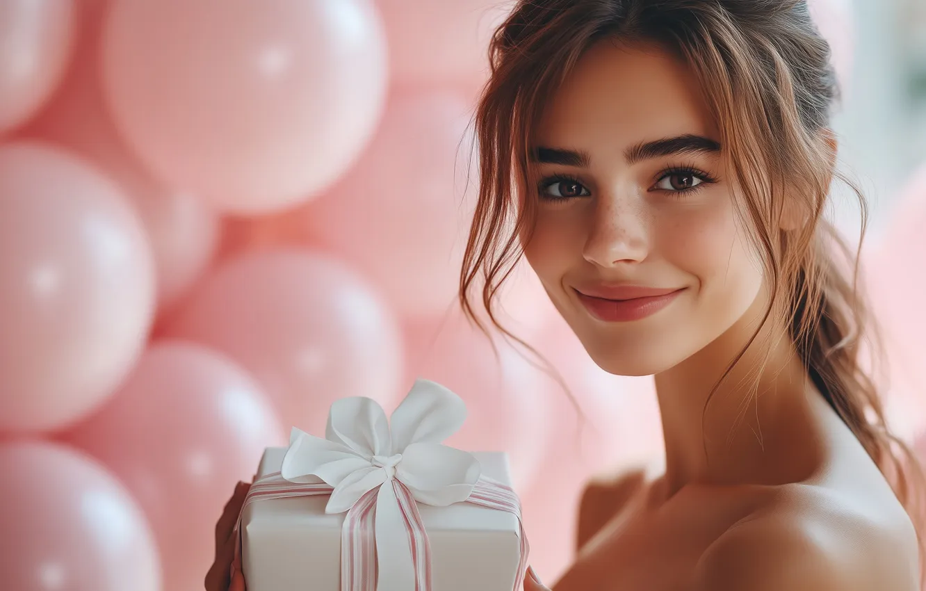 Photo wallpaper look, girl, smile, balloons, holiday, box, gift, portrait