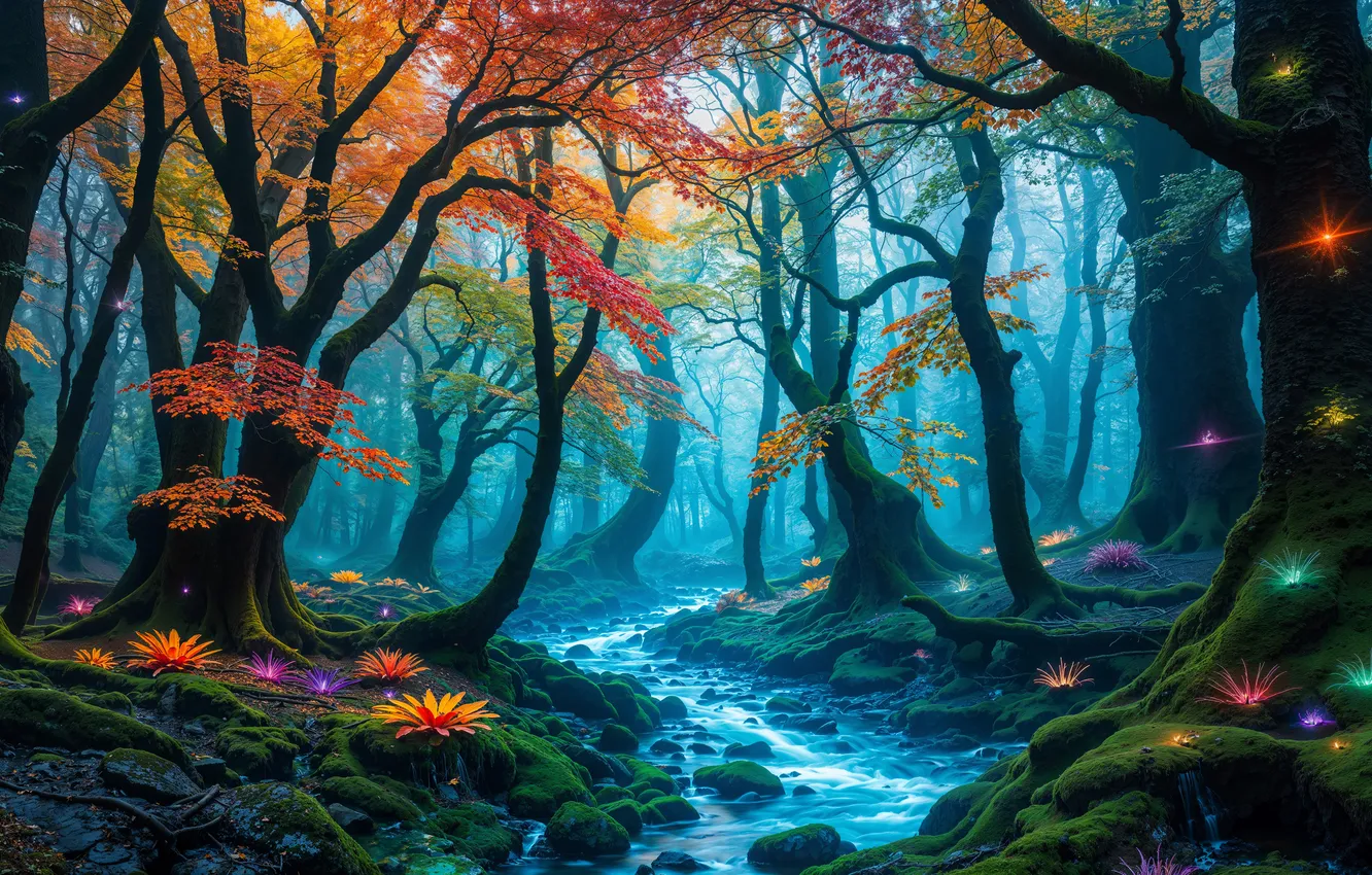 Photo wallpaper autumn, forest, trees, flowers, branches, fog, stream, foliage