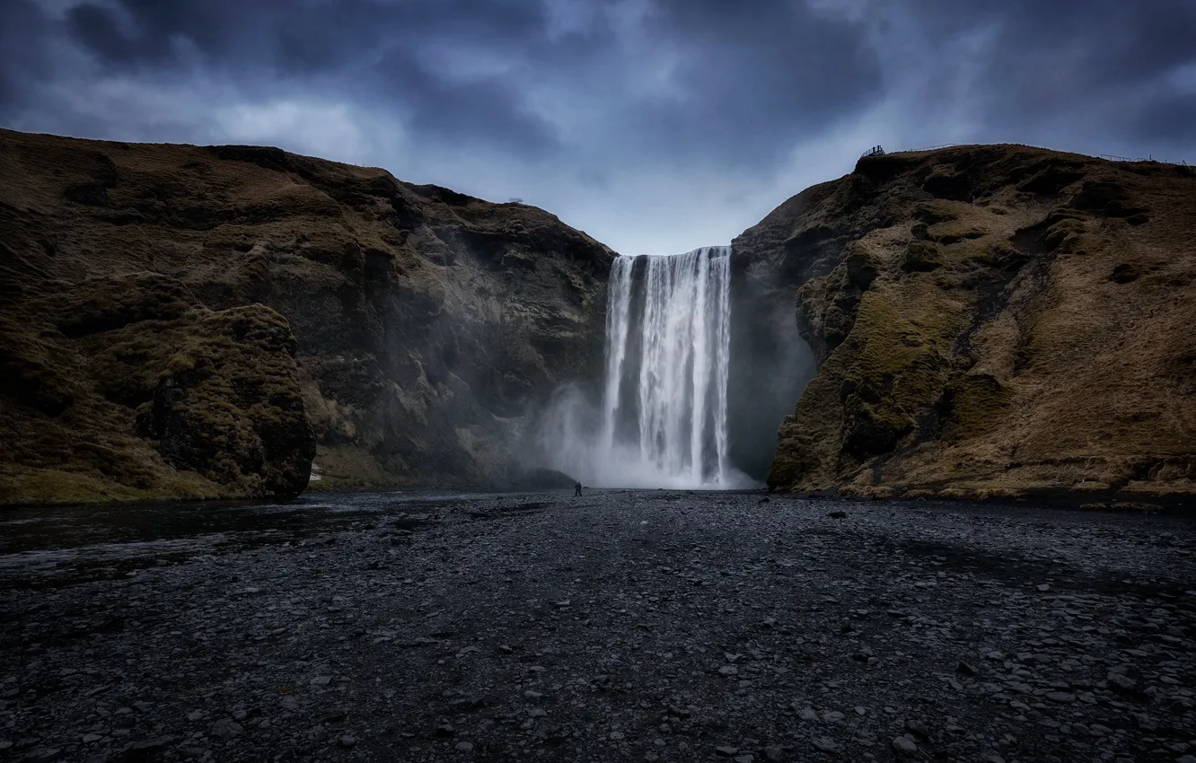Photo wallpaper road, the sky, mountains, clouds, stones, overcast, rocks, people