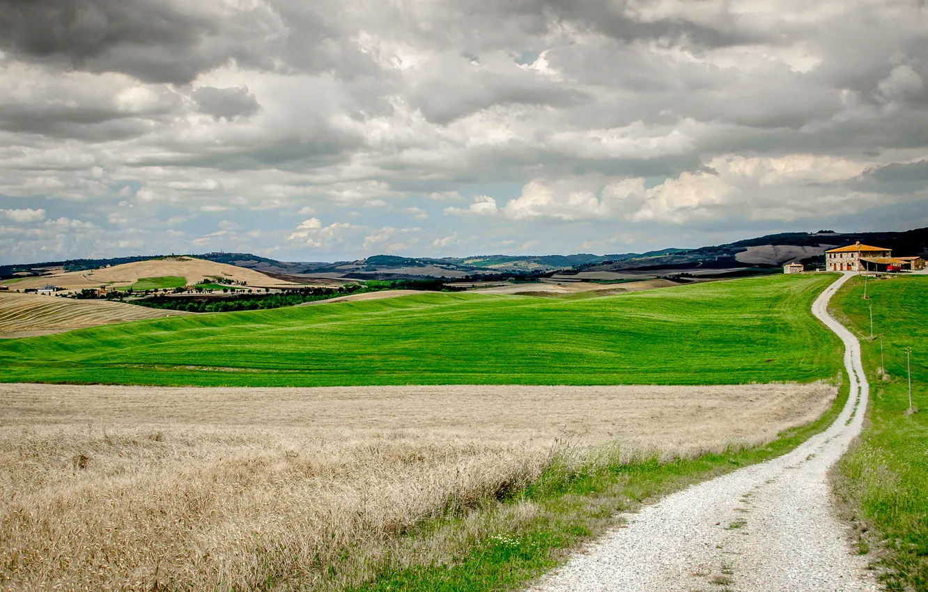 Photo wallpaper clouds, field, road, home, Italy, Tuscany, farm, power lines