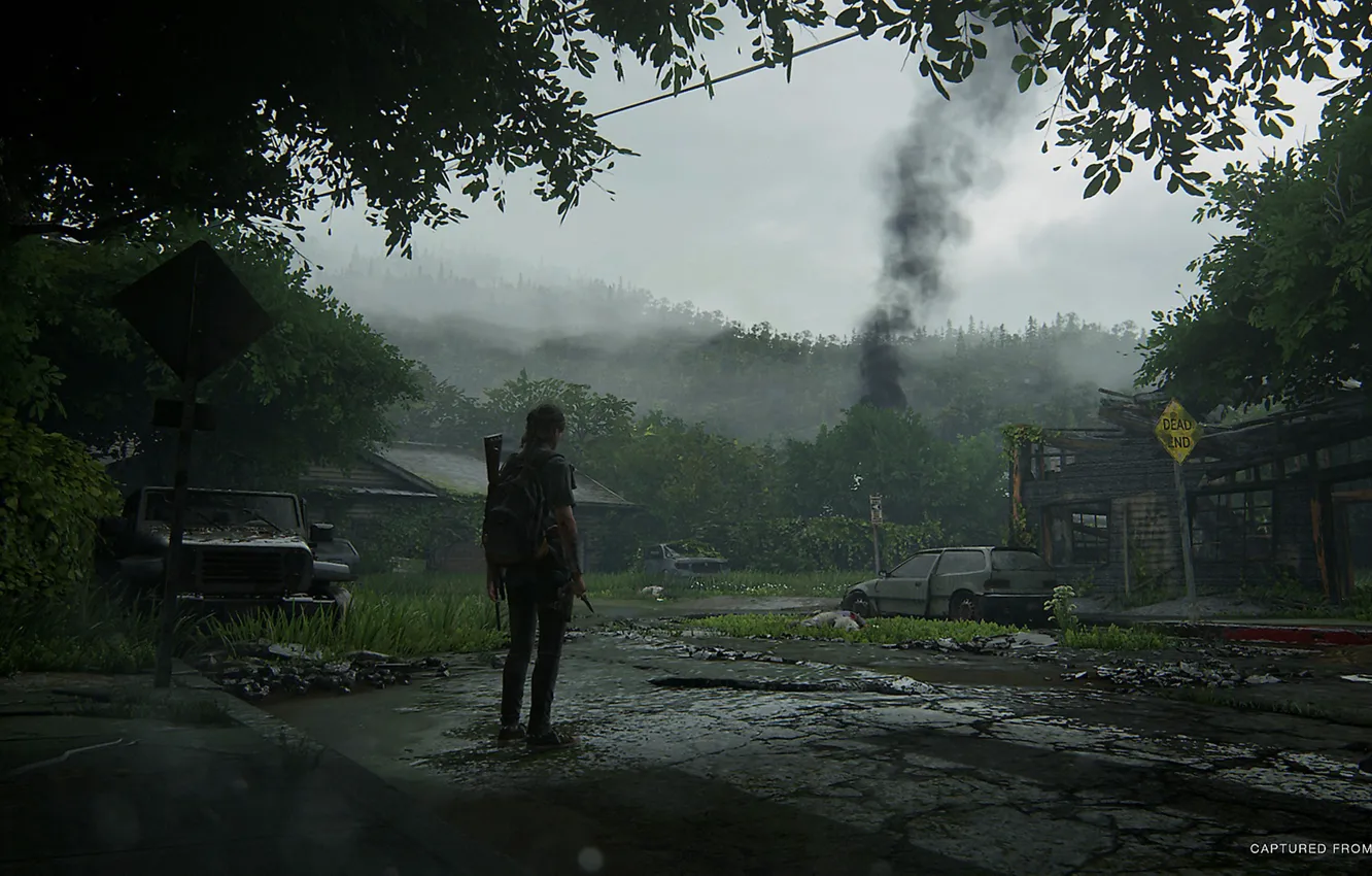 Photo wallpaper forest, machine, smoke, village, art, Ellie, The Last of Us Part II
